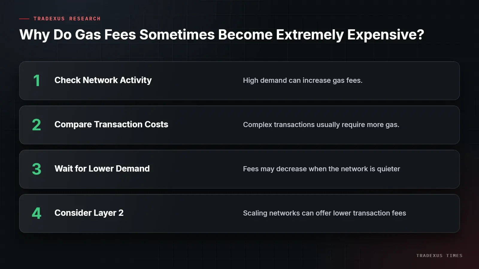 Why Do Gas Fees Sometimes Become Extremely Expensive?: 1. Check Network Activity (High demand can increase gas fees.) 2. Compare Transaction Costs (Complex transactions usually require more gas.) 3. Wait for Lower Demand (Fees may decrease when the network is quieter) 4. Consider Layer 2 (Scaling…